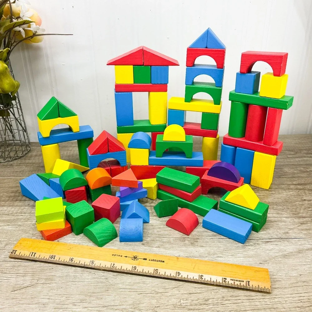 Wooden Building Blocks Farm Set Barn Animals Horse Sheep Goat 80+ Pieces Kids